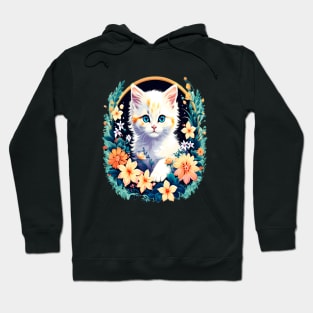 Beautiful white ktiten surrounded by spring flowers Hoodie